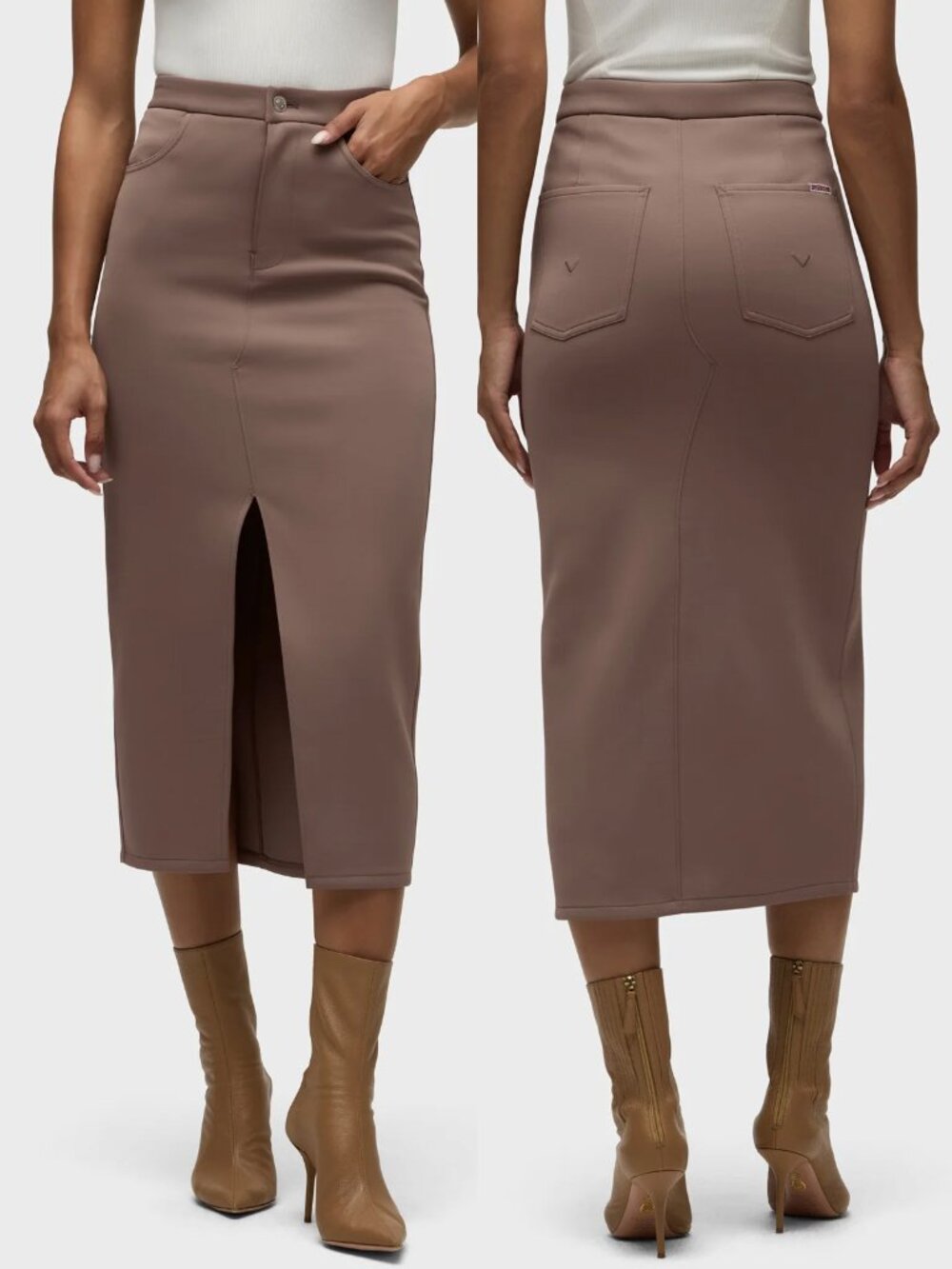 Hudson Jeans Women's XS Reconstructed Midi Skirt Deep Taupe Brown Stretch $185
